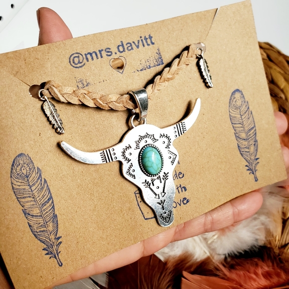 Turquoise Steer Head Western Necklace /choker - Picture 4 of 10